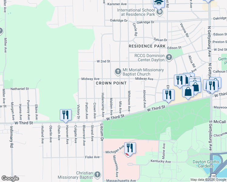 map of restaurants, bars, coffee shops, grocery stores, and more near 124 Malden Ave in Dayton