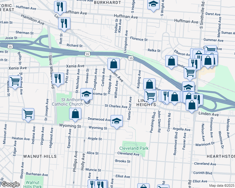 map of restaurants, bars, coffee shops, grocery stores, and more near 664 Wilfred Avenue in Dayton