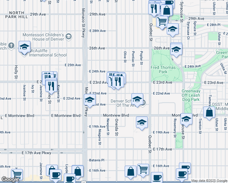 map of restaurants, bars, coffee shops, grocery stores, and more near 2201 Oneida Street in Denver