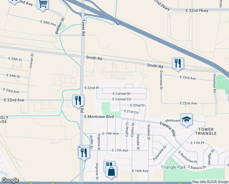 map of restaurants, bars, coffee shops, grocery stores, and more near 18963 East Carmel Drive in Aurora