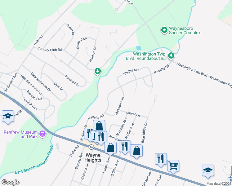 map of restaurants, bars, coffee shops, grocery stores, and more near 12432 North Welty Road in Waynesboro