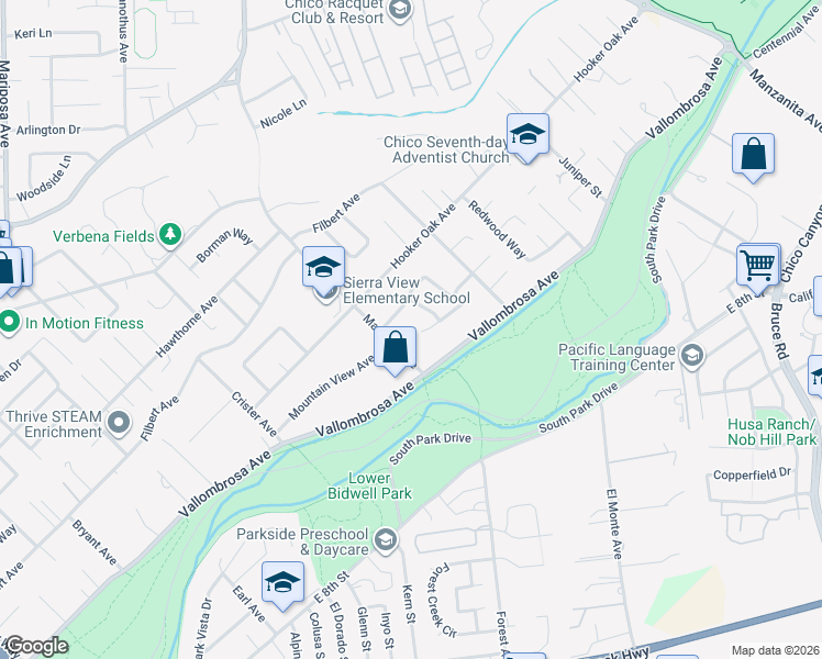 map of restaurants, bars, coffee shops, grocery stores, and more near 1674 Park View Lane in Chico