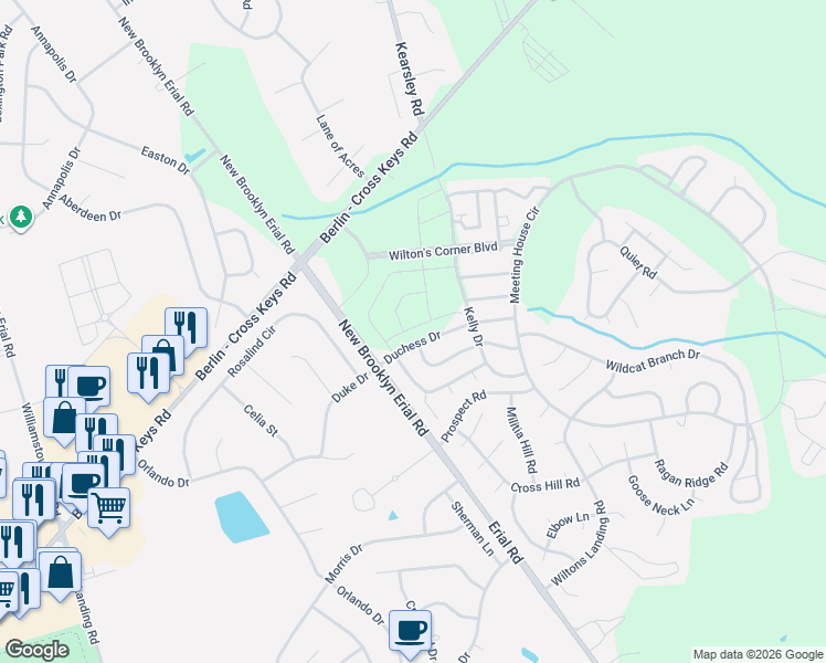 map of restaurants, bars, coffee shops, grocery stores, and more near 2 Parliament Road in Sicklerville