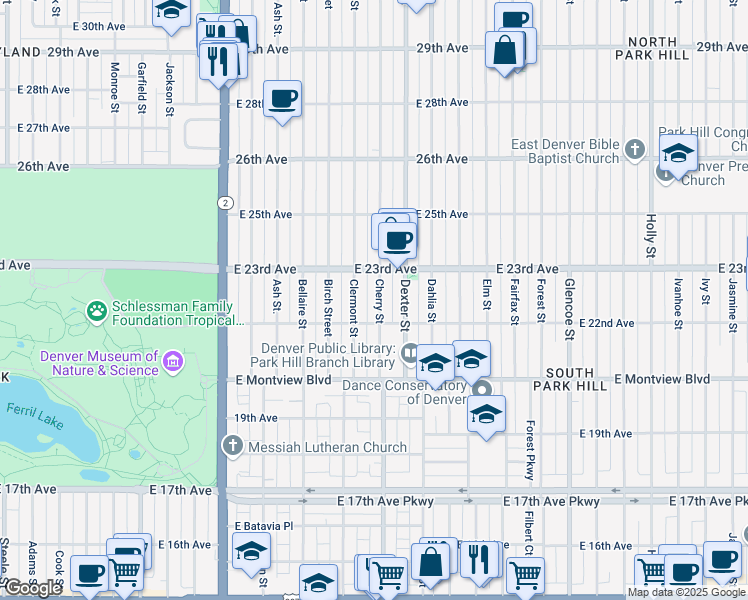 map of restaurants, bars, coffee shops, grocery stores, and more near 2237 Cherry Street in Denver