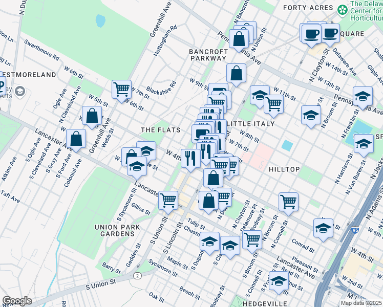 map of restaurants, bars, coffee shops, grocery stores, and more near 430 North Bancroft Parkway in Wilmington