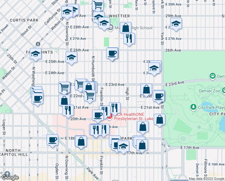 map of restaurants, bars, coffee shops, grocery stores, and more near 2224 Gilpin Street in Denver