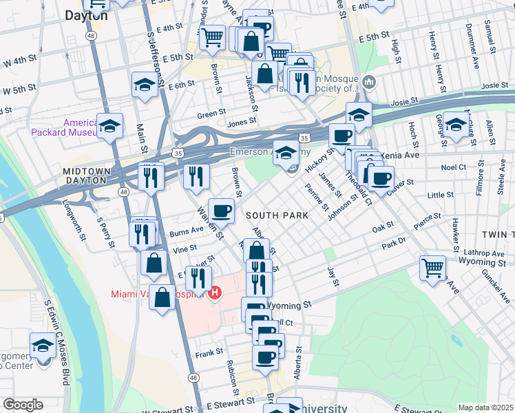 map of restaurants, bars, coffee shops, grocery stores, and more near 129 Morton Avenue in Dayton