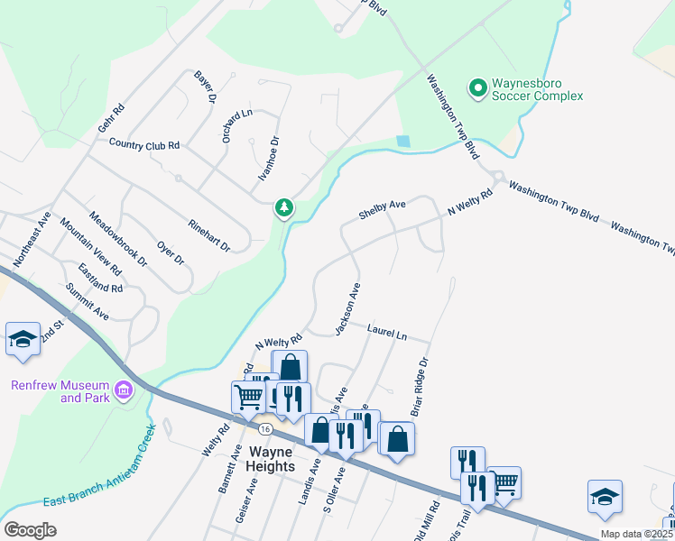 map of restaurants, bars, coffee shops, grocery stores, and more near 12432 North Welty Road in Waynesboro