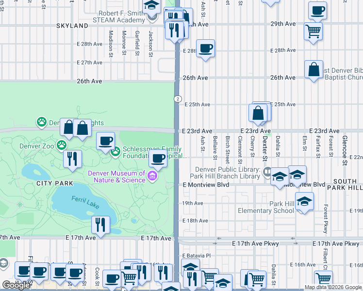 map of restaurants, bars, coffee shops, grocery stores, and more near 2240 Colorado 2 in Denver