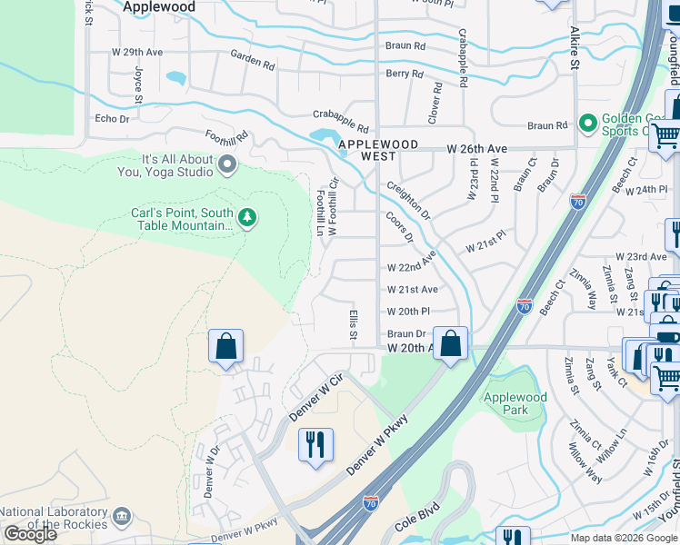 map of restaurants, bars, coffee shops, grocery stores, and more near 2187 Elderberry Road in Golden