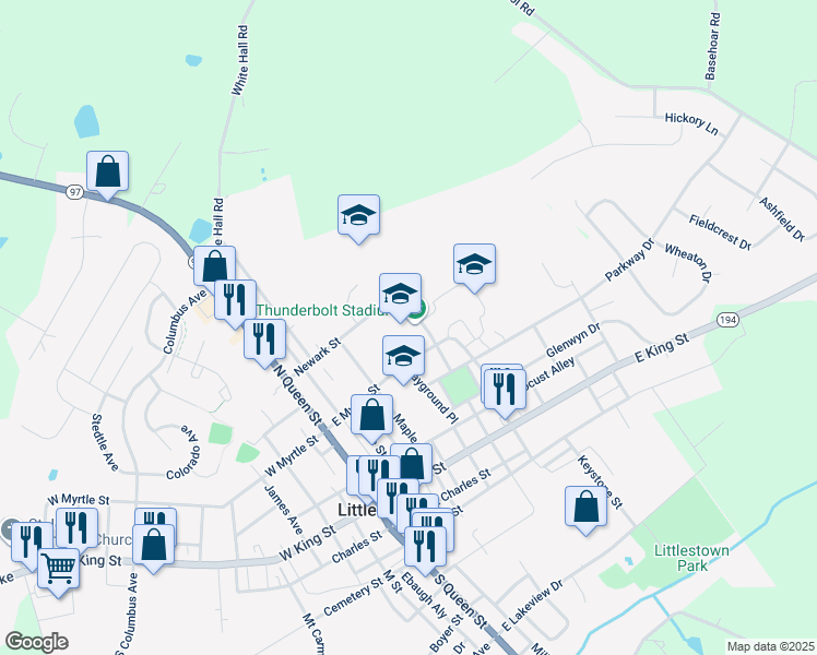 map of restaurants, bars, coffee shops, grocery stores, and more near 150 East Myrtle Street in Littlestown