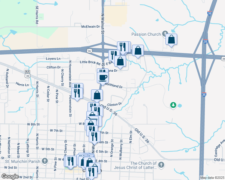 map of restaurants, bars, coffee shops, grocery stores, and more near 504 Northland Drive in Cameron