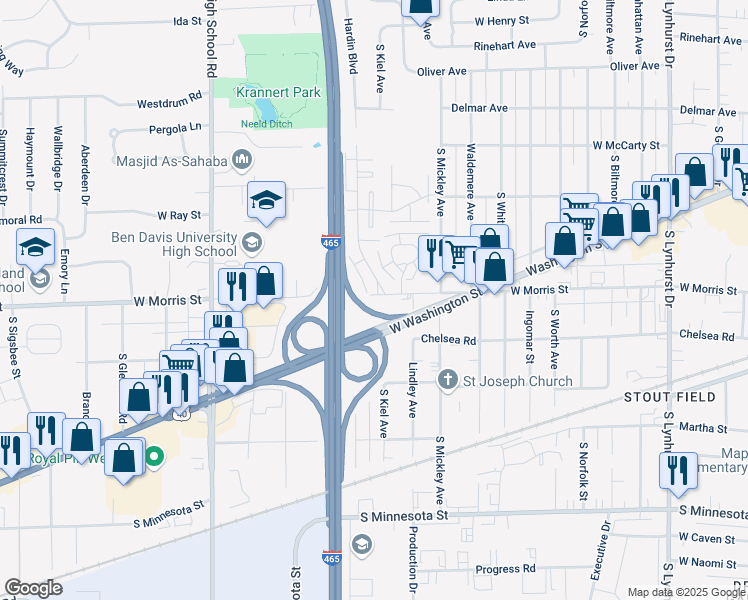 map of restaurants, bars, coffee shops, grocery stores, and more near 5913 West Morris Street in Indianapolis