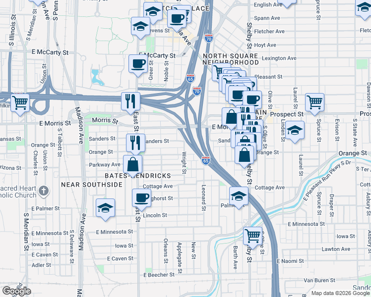 map of restaurants, bars, coffee shops, grocery stores, and more near 1249 Wright Street in Indianapolis