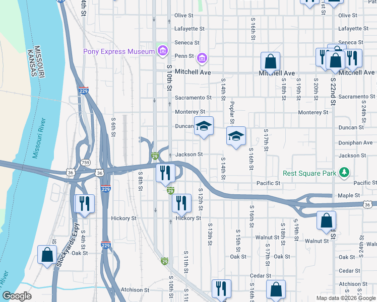 map of restaurants, bars, coffee shops, grocery stores, and more near 1819 South 11th Street in Saint Joseph