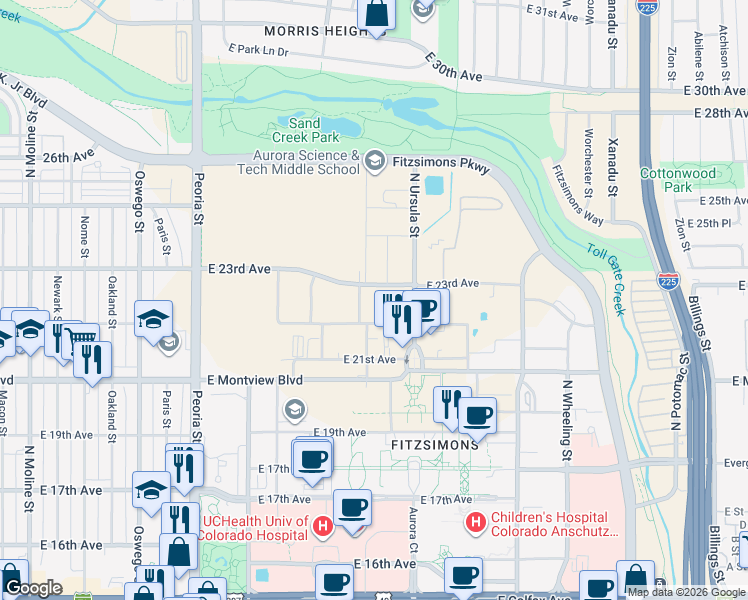 map of restaurants, bars, coffee shops, grocery stores, and more near 2242 North Scranton Street in Aurora