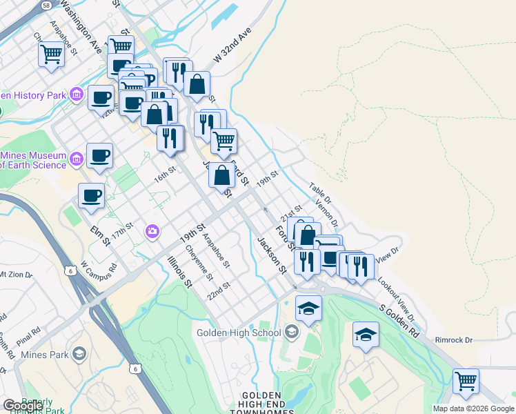 map of restaurants, bars, coffee shops, grocery stores, and more near 2001 Ford Street in Golden