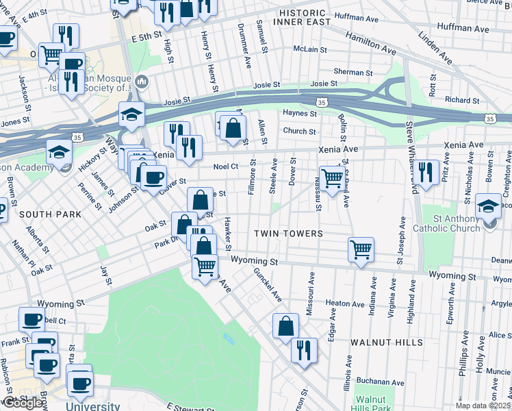 map of restaurants, bars, coffee shops, grocery stores, and more near 149 Fillmore Street in Dayton