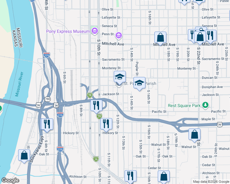 map of restaurants, bars, coffee shops, grocery stores, and more near 1819 South 11th Street in Saint Joseph