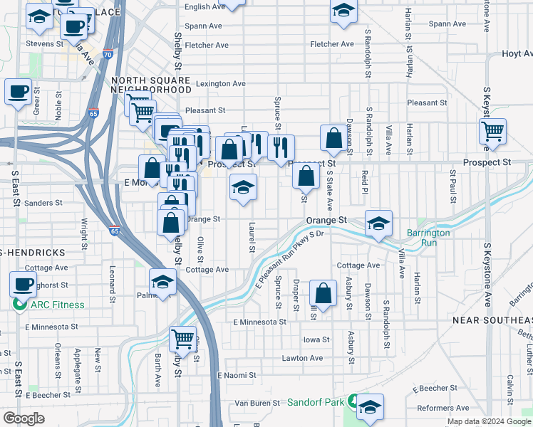 map of restaurants, bars, coffee shops, grocery stores, and more near 1426 Orange St in Indianapolis
