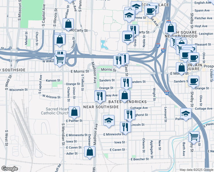 map of restaurants, bars, coffee shops, grocery stores, and more near 314 Orange Street in Indianapolis