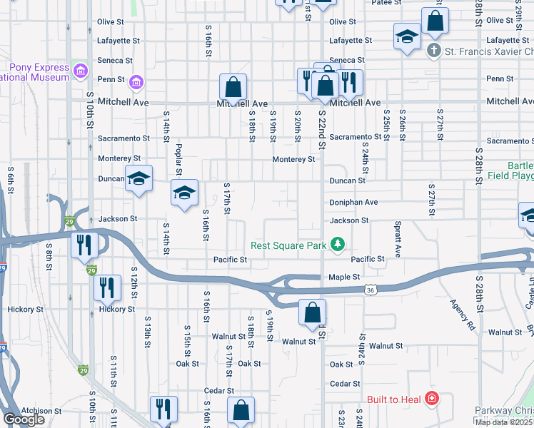 map of restaurants, bars, coffee shops, grocery stores, and more near 1901 Jackson Street in St. Joseph