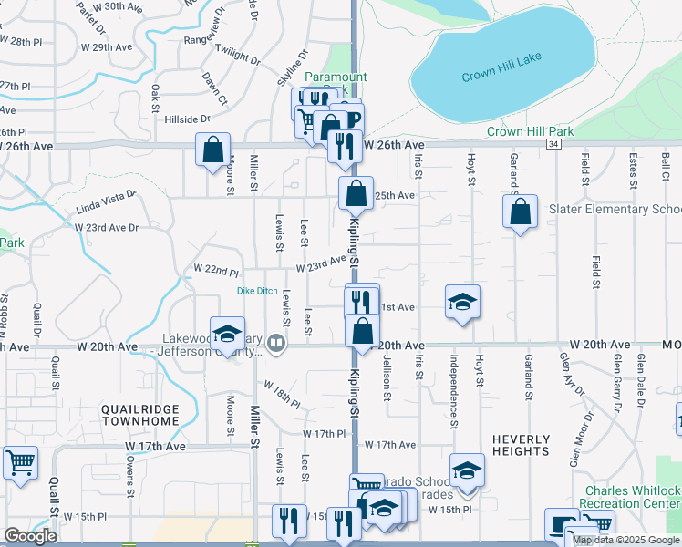 map of restaurants, bars, coffee shops, grocery stores, and more near 2200 Kipling Street in Lakewood