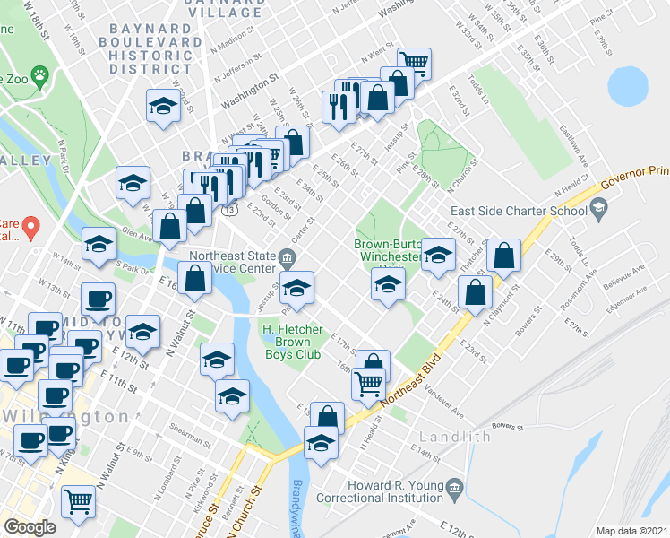 map of restaurants, bars, coffee shops, grocery stores, and more near 603 East 22nd Street in Wilmington