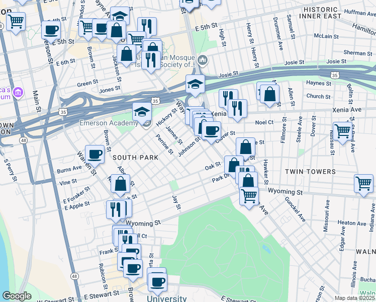 map of restaurants, bars, coffee shops, grocery stores, and more near 230 Johnson Street in Dayton