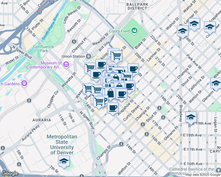 map of restaurants, bars, coffee shops, grocery stores, and more near 1645 Larimer Street in Denver