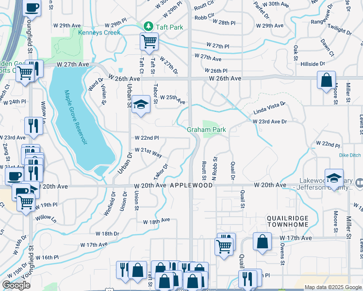 map of restaurants, bars, coffee shops, grocery stores, and more near 2165 Tabor Drive in Lakewood