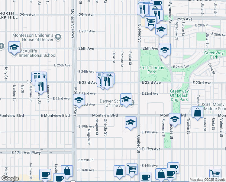 map of restaurants, bars, coffee shops, grocery stores, and more near 2211 Olive Street in Denver