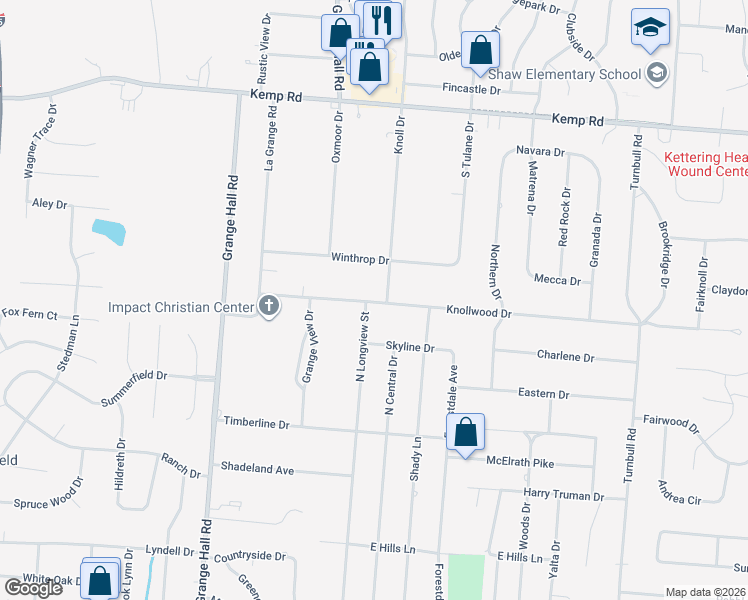 map of restaurants, bars, coffee shops, grocery stores, and more near 3806 Knollwood Drive in Dayton