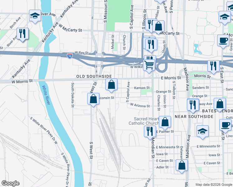 map of restaurants, bars, coffee shops, grocery stores, and more near 1280 South Senate Avenue in Indianapolis