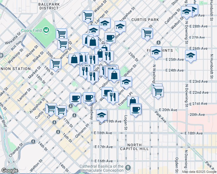 map of restaurants, bars, coffee shops, grocery stores, and more near 2131 Welton Street in Denver