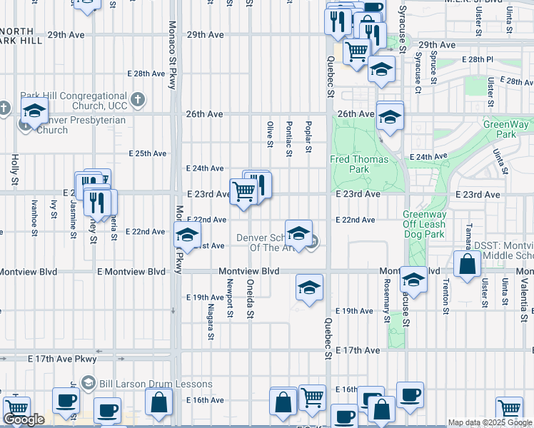 map of restaurants, bars, coffee shops, grocery stores, and more near 2211 Olive Street in Denver