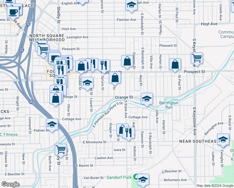map of restaurants, bars, coffee shops, grocery stores, and more near 1231 Evison Street in Indianapolis