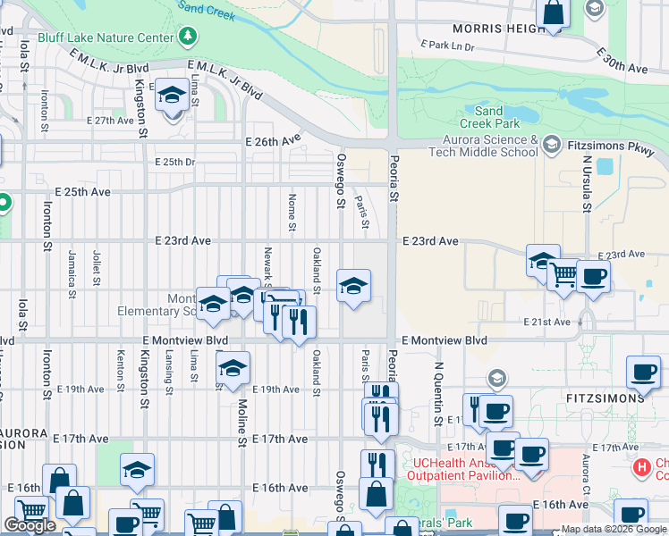 map of restaurants, bars, coffee shops, grocery stores, and more near 2230 Oakland Street in Aurora