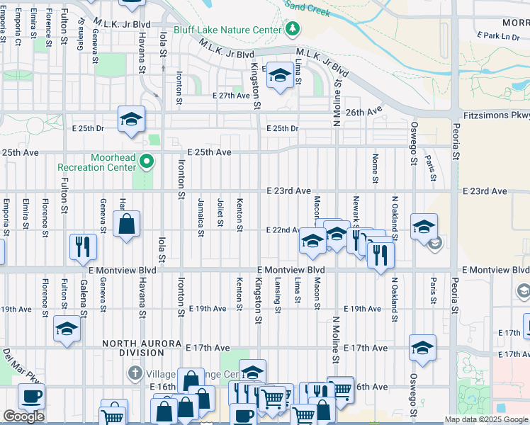 map of restaurants, bars, coffee shops, grocery stores, and more near 2225 Kingston Street in Aurora