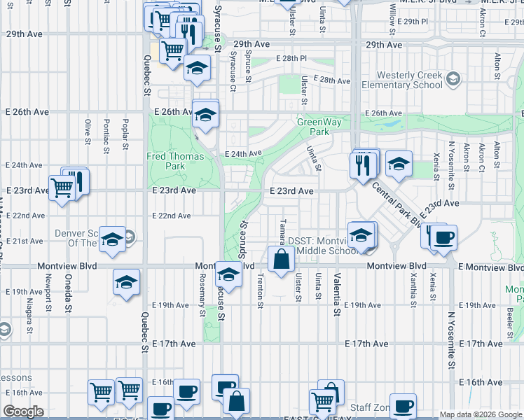 map of restaurants, bars, coffee shops, grocery stores, and more near 2242 Spruce Street in Denver