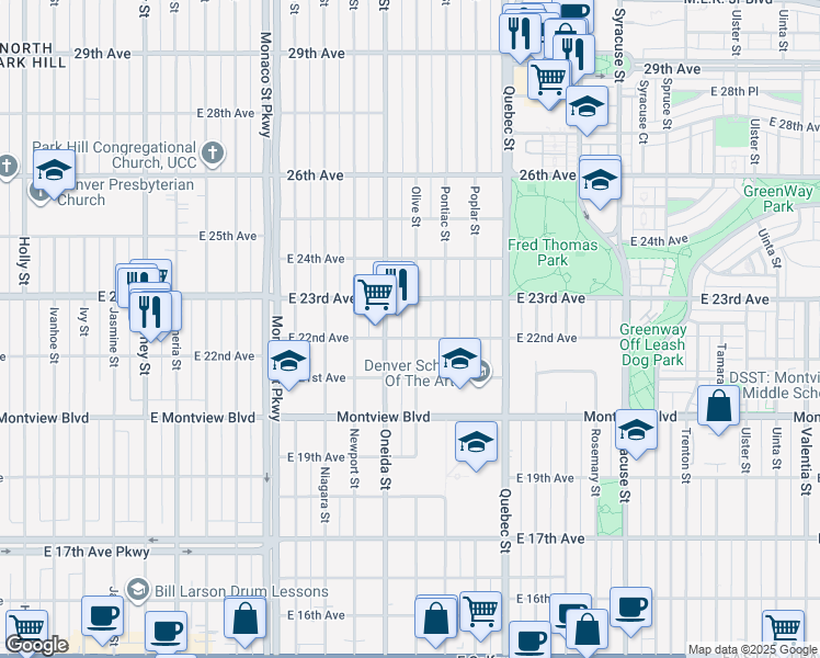 map of restaurants, bars, coffee shops, grocery stores, and more near 2211 Olive Street in Denver