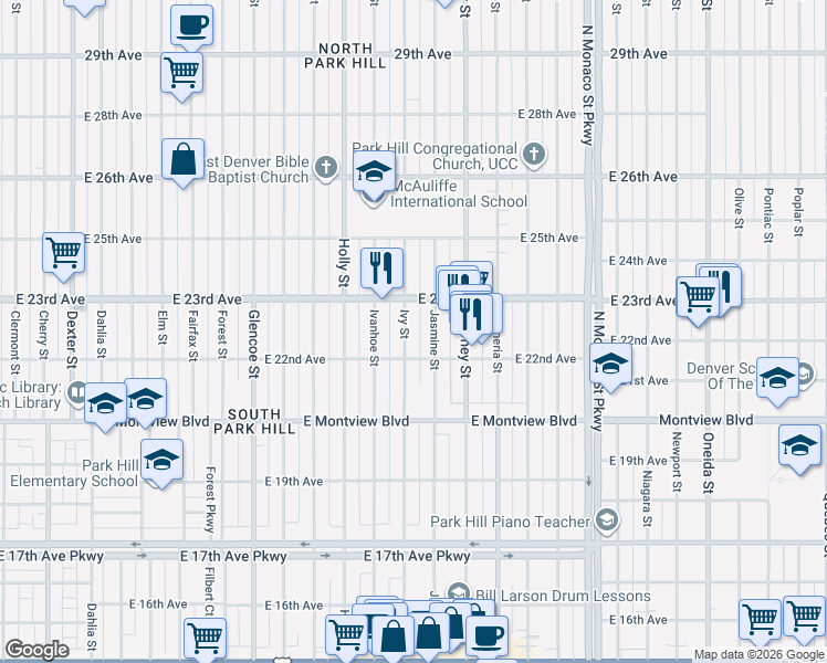 map of restaurants, bars, coffee shops, grocery stores, and more near 2233 Jasmine Street in Denver