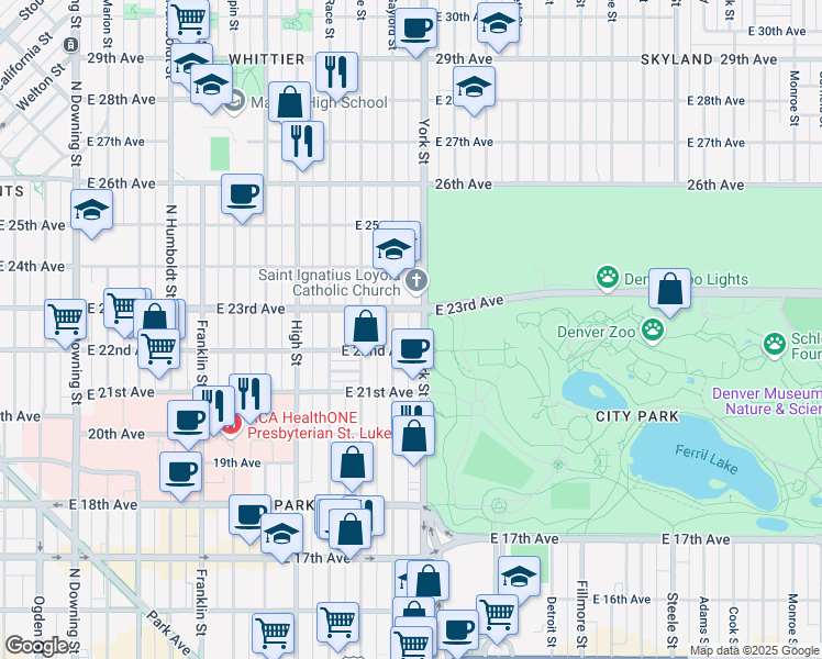 map of restaurants, bars, coffee shops, grocery stores, and more near 2222 North Gaylord Street in Denver