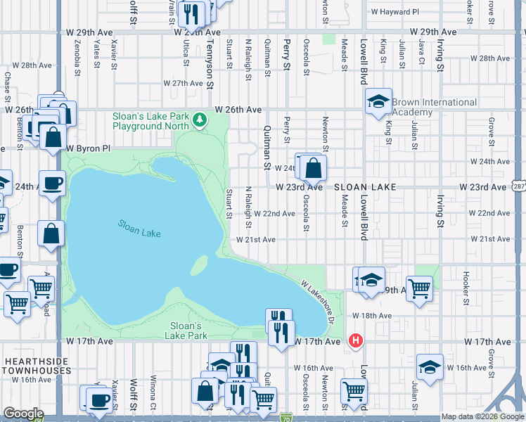 map of restaurants, bars, coffee shops, grocery stores, and more near 2201 Quitman Street in Denver