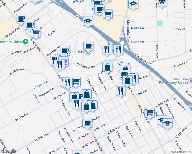 map of restaurants, bars, coffee shops, grocery stores, and more near 369 East Lindo Avenue in Chico