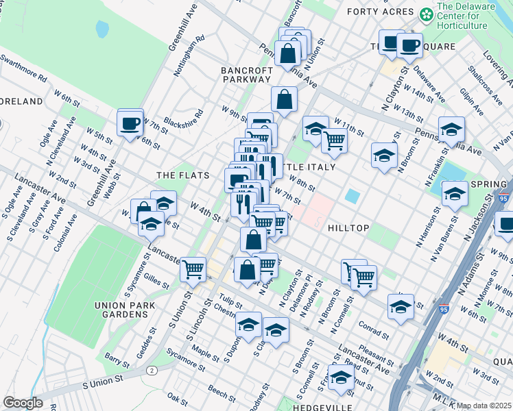 map of restaurants, bars, coffee shops, grocery stores, and more near 603 North Lincoln Street in Wilmington