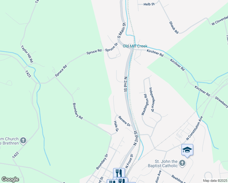 map of restaurants, bars, coffee shops, grocery stores, and more near 15334 Revere Drive in New Freedom