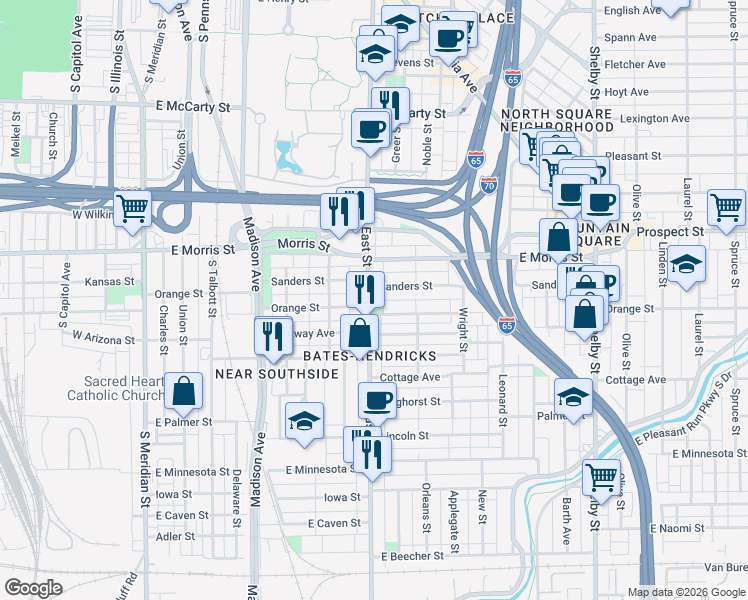 map of restaurants, bars, coffee shops, grocery stores, and more near 1259 South East Street in Indianapolis