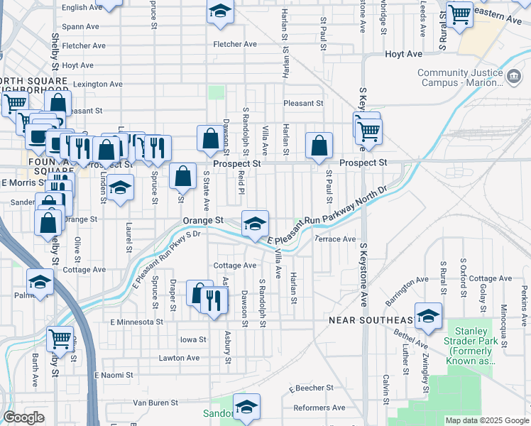 map of restaurants, bars, coffee shops, grocery stores, and more near 1914 Orange St in Indianapolis