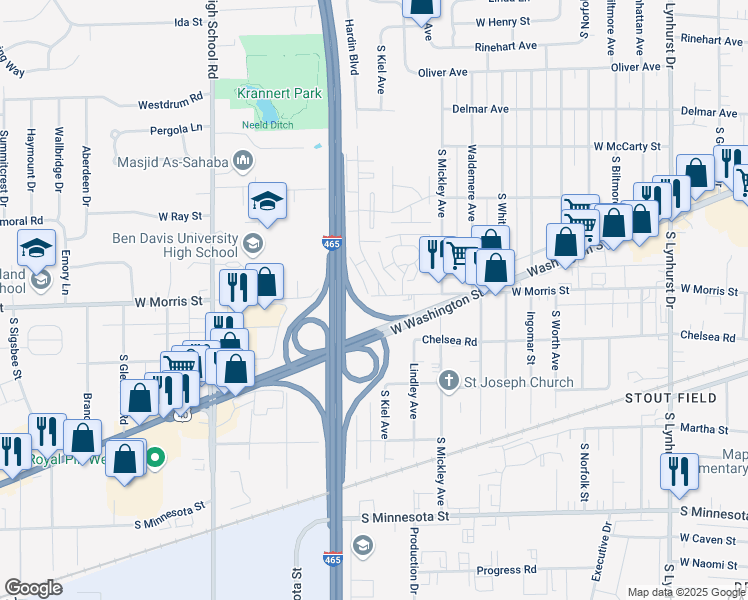 map of restaurants, bars, coffee shops, grocery stores, and more near 5915 West Morris Street in Indianapolis